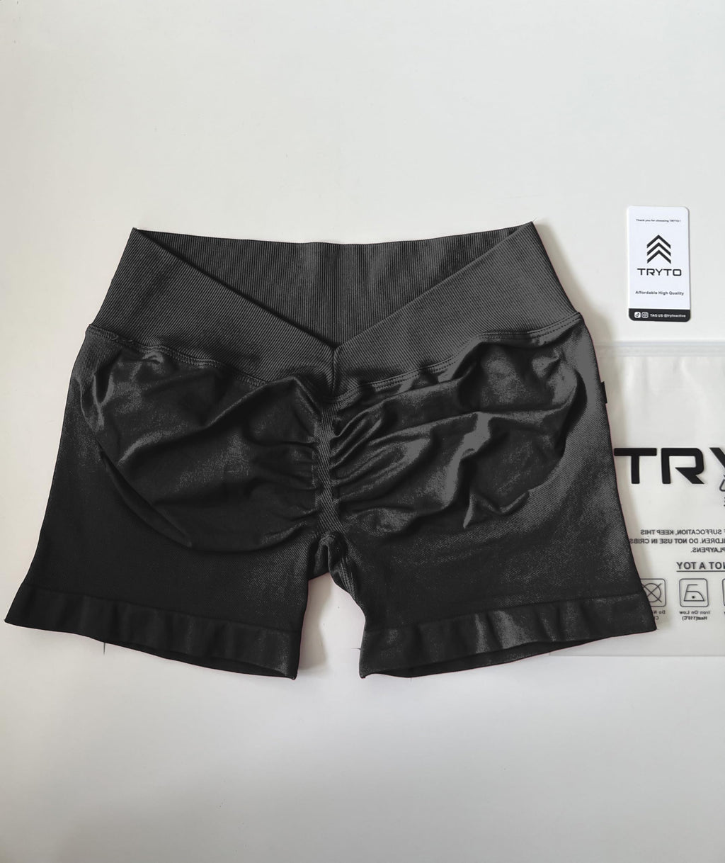 TRYTO LJ V-Back Scrunch Shorts Sports Yoga Women Workout Fitness Gym Outdoor Running Short Midnight Black, Small