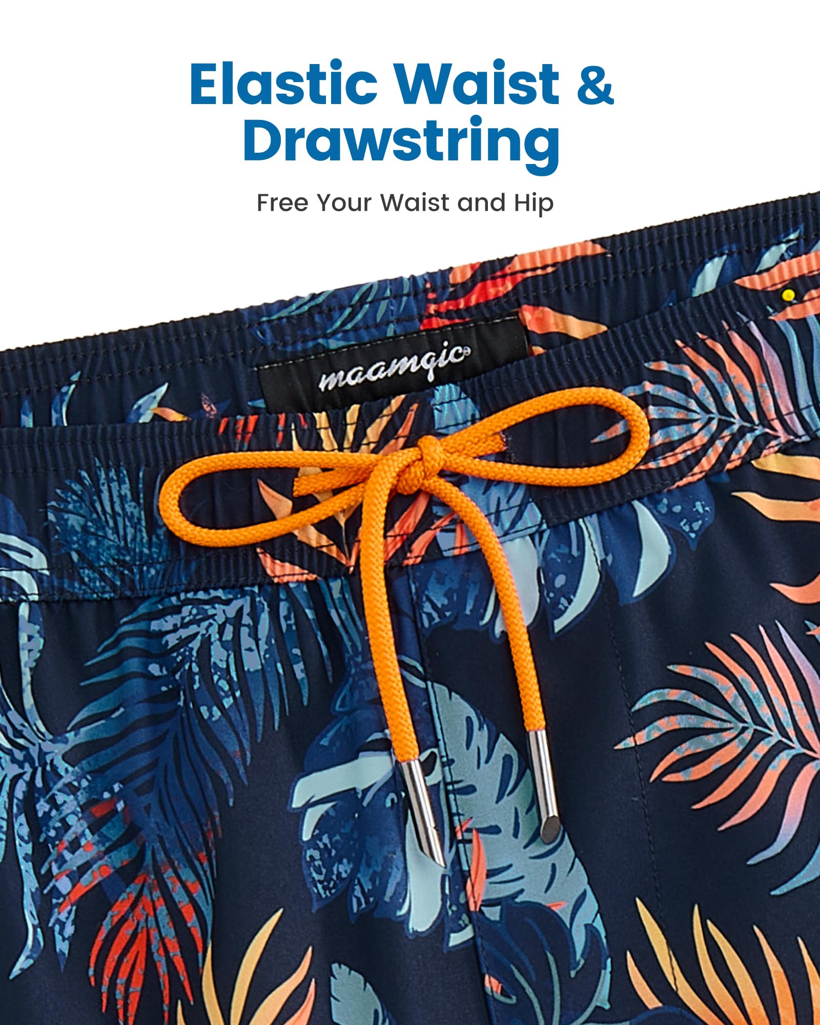 maamgic 2 in 1 Mens Swim Trunks 7 Inch Swim Shorts Swim Suits Board Shorts Palm Navy-Orange Small