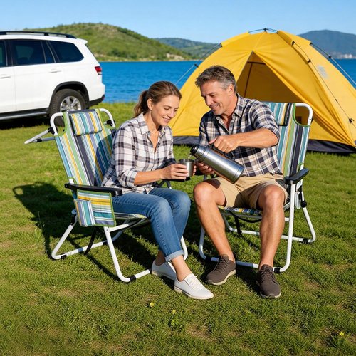 ABORON 17" Tall Folding Beach Chair - Heavy Duty 600D Oxford Fabric, 5-Position Recline & Cooler Bag