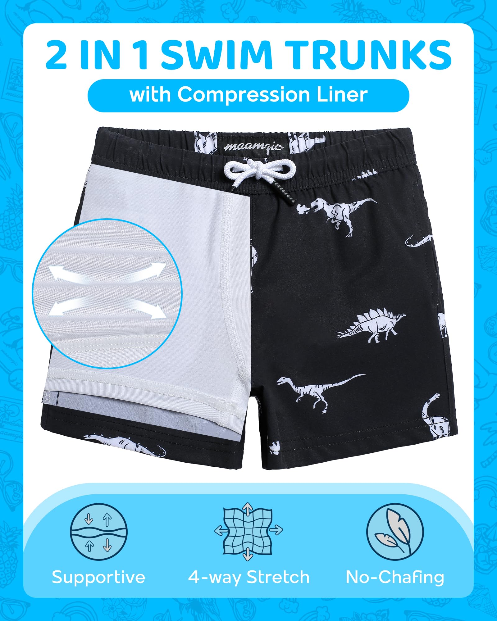 maamgic Boys Swim Trunks with Compression Liner 4-Way Stretch Quick Dry Swim Shorts Swimming Trunks Toddler Boy Dinosaur Black 2T