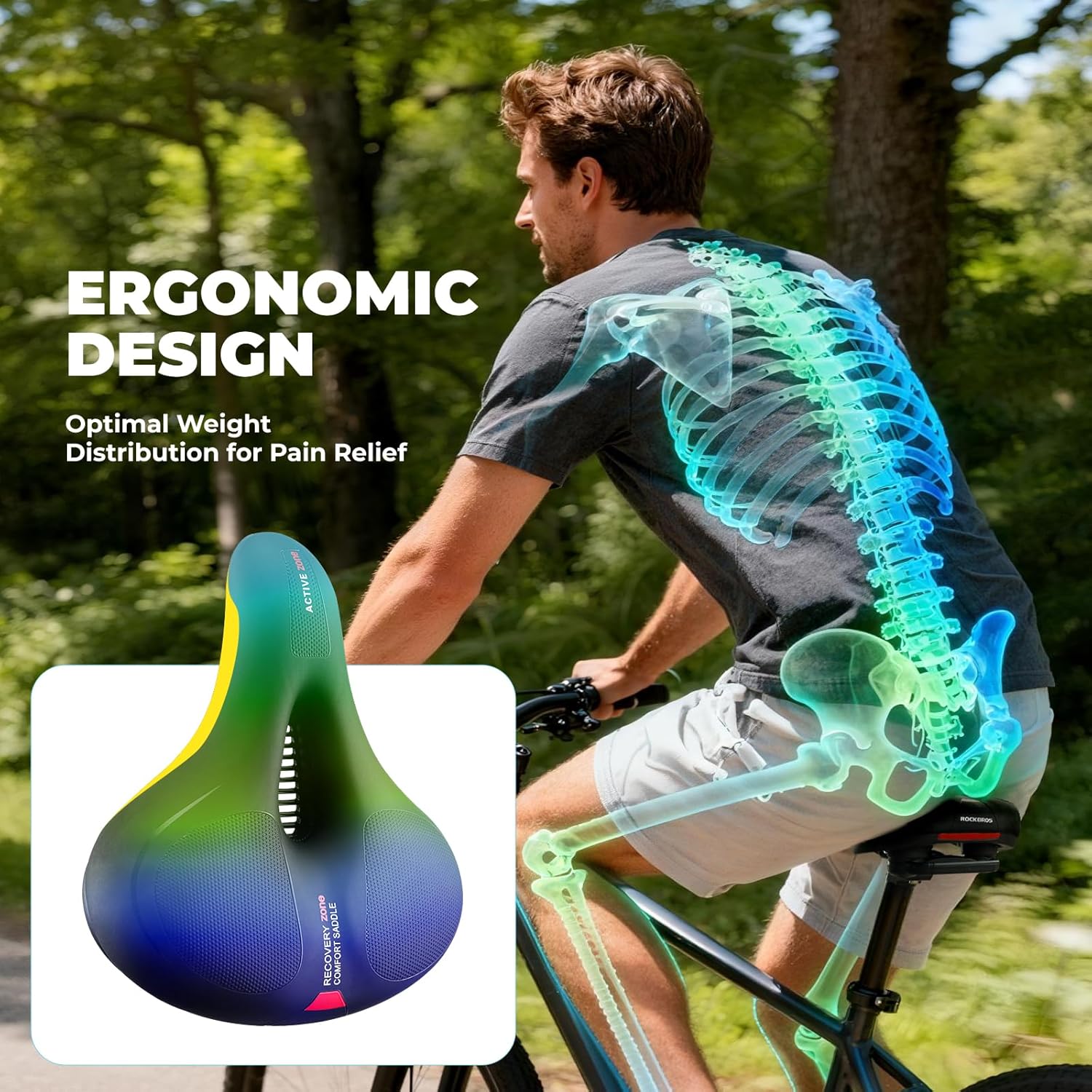 ROCKBROS Bike Seat Cushion - Ergonomic Memory Foam with Dual Shock Absorption | Waterproof & Comfortable for Peloton & Road Bikes