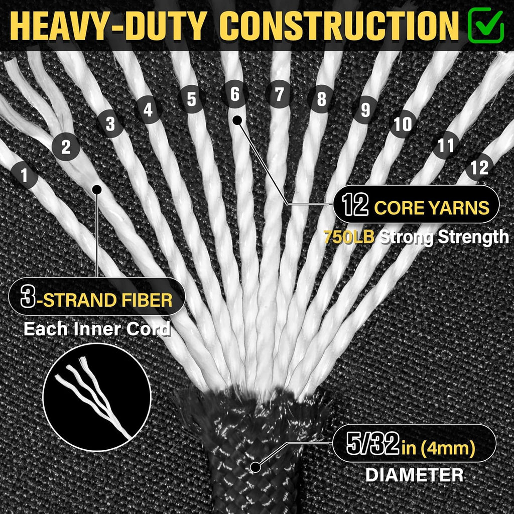 Paracord Rope 750 lb - 200ft Heavy Duty 12-Strand Parachute Cord | Black Survival & Camping Gear