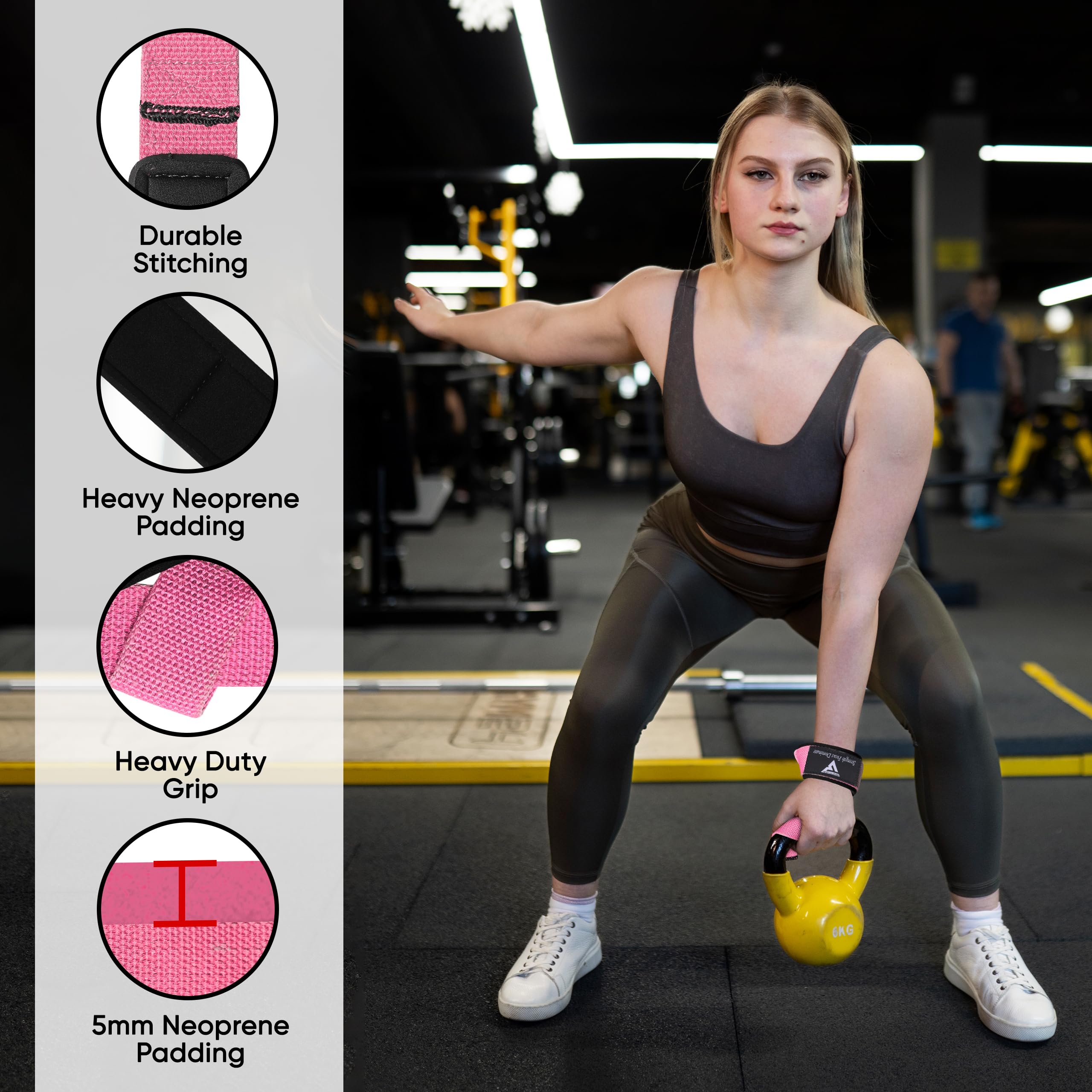 Weight Lifting Straps for Women, Powerlifting Deadlifting, Anti Slip 60cm Hand Bar Grip, 5mm Neoprene Wrist Support, Heavy Duty Weightlifting Bodybuilding Workout (Pink)