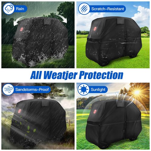 NOKINS Golf Cart Cover, 420D Waterproof Oxford Fabric Cover Fit for EZGO, Club Car Most Standard Golf Cart 2+2 Seater, Heavy-Duty Windproof Sunproof with Double Zipper Doors&Anti-Slip Straps, Black