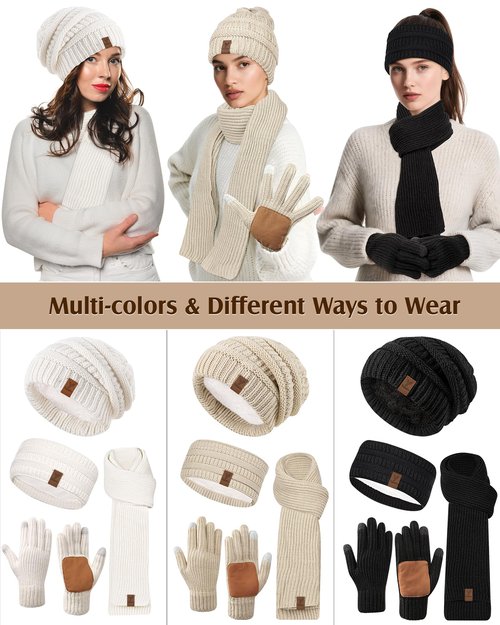 Women Beanie Scarf Gloves Headband Set, Winter Fleece Lined Hat Ear Warmer Knit Scarf Women Gloves Gift Set 4 in 1