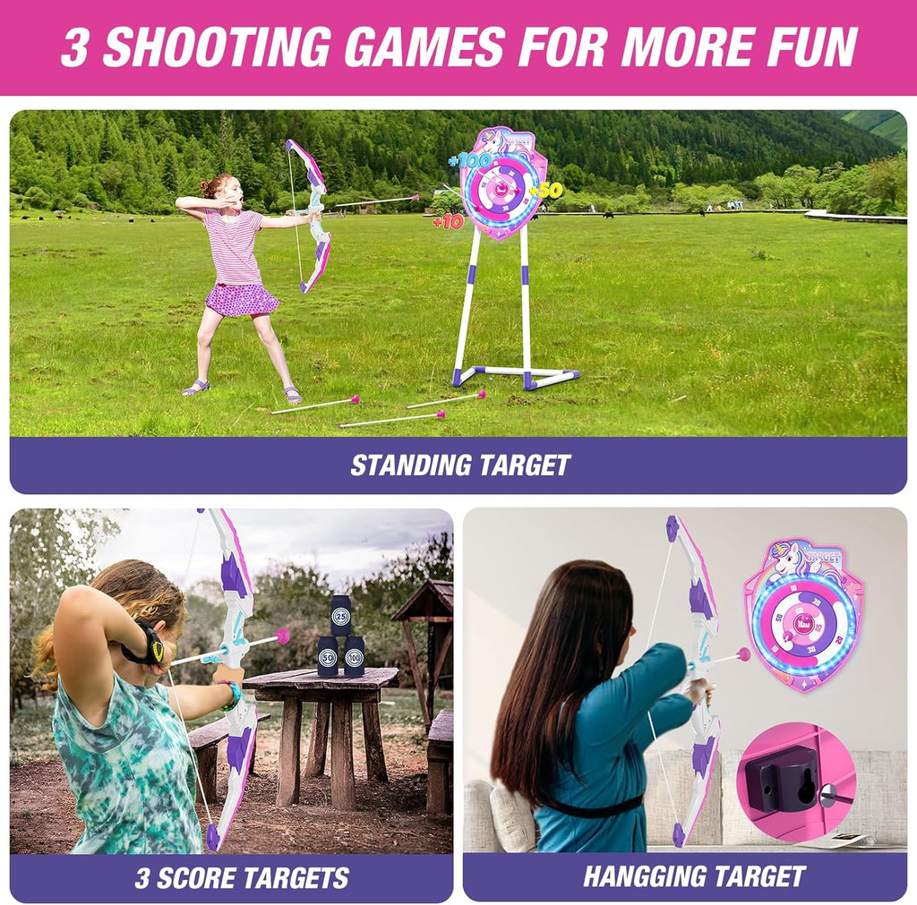 Skiennix LED Light Up Unicorn Bow and Arrow Set - 12 Suction Cup Arrows & Glow Target for Kids Ages 4-12