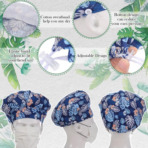 Panitay 6 Pcs Bouffant Scrub Caps with Buttons Adjustable Nurse Working Hats Surgical Caps with Sweatband for Women Men(Whimsy Charm) Multicolor