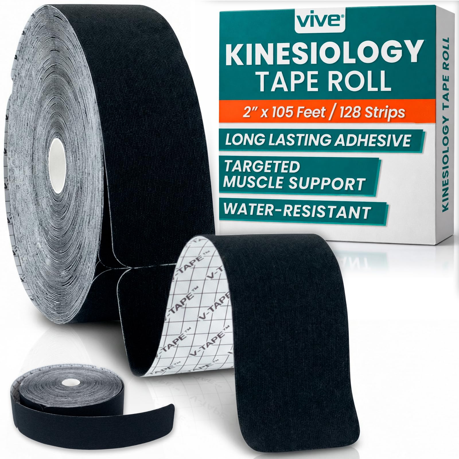 Vive Kinesiology Tape Roll - Tape Precut Strips (2" x 105 Feet/128 Strips) - Kinesio Sports Tape Athletic - Knee, Shoulder, Ankle, Muscle K Tape Adhesive Elastic Wrap - Body Kinetic Tape Waterproof
