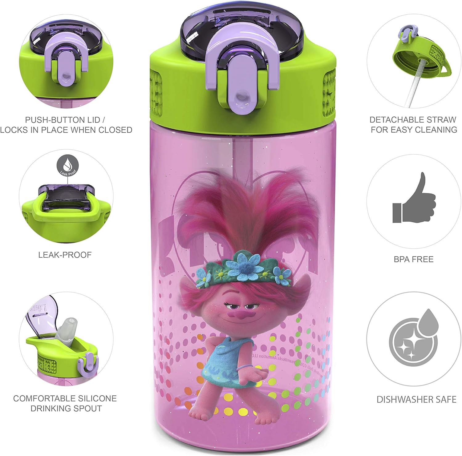 Zak Designs DreamWorks Kids Water Bottle - Durable Leak-Proof Spout Cover | 16oz, 2-Pack, Trolls 2 Design