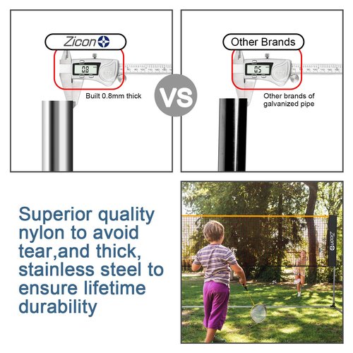 Zicon Portable Tennis Net,Stainless Steel Poles Badminton Net Set Adjustable Height Nylon Net with Carry Bag, for Kids Volleyball, Pickleball,Soccer, Indoor, Outdoor Court, Backyard, Beach, Driveway
