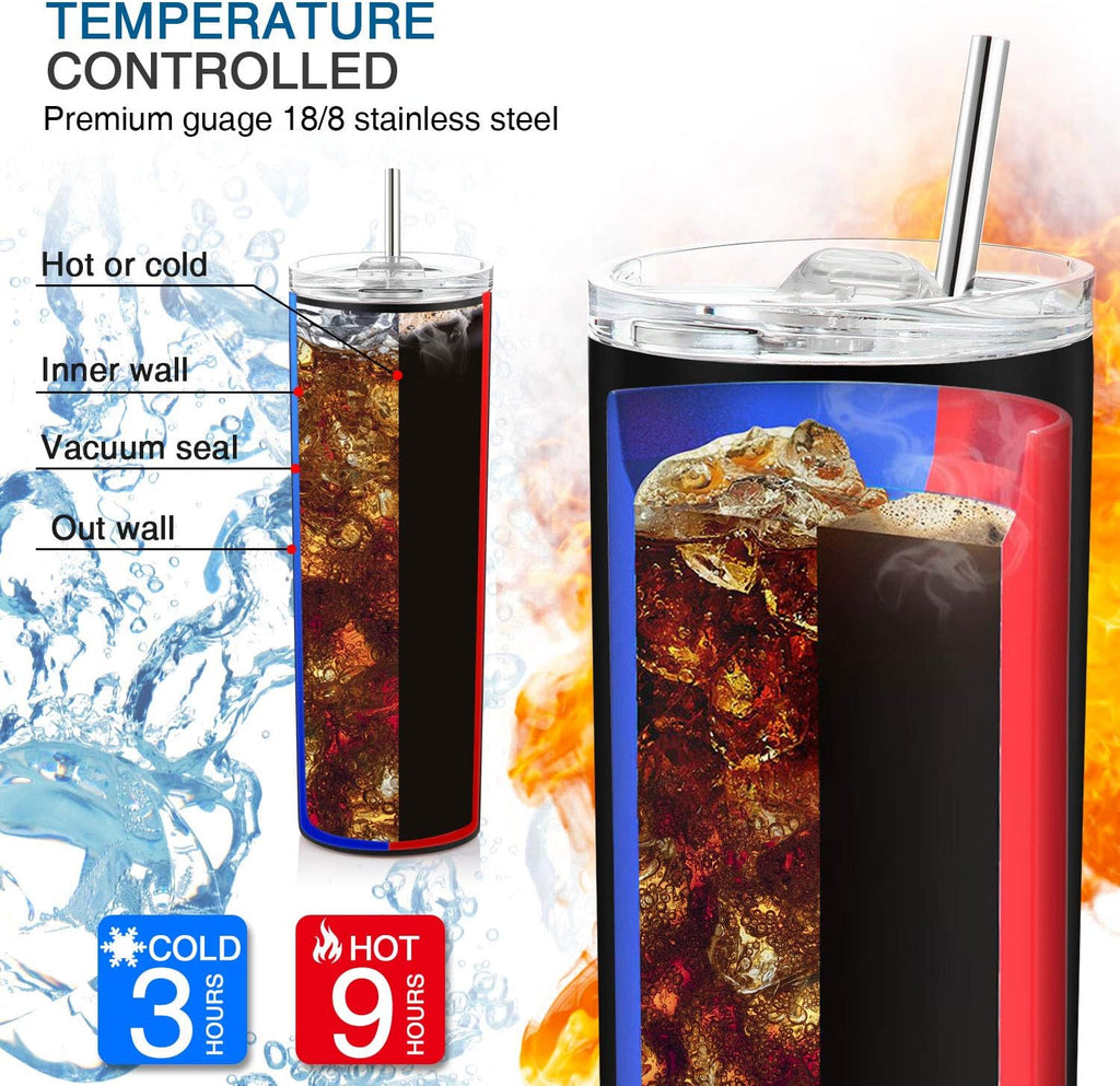 Skiennix 20 oz Stainless Steel Skinny Tumbler - Double-Insulated, Splash-Proof Lid & Straw | Black