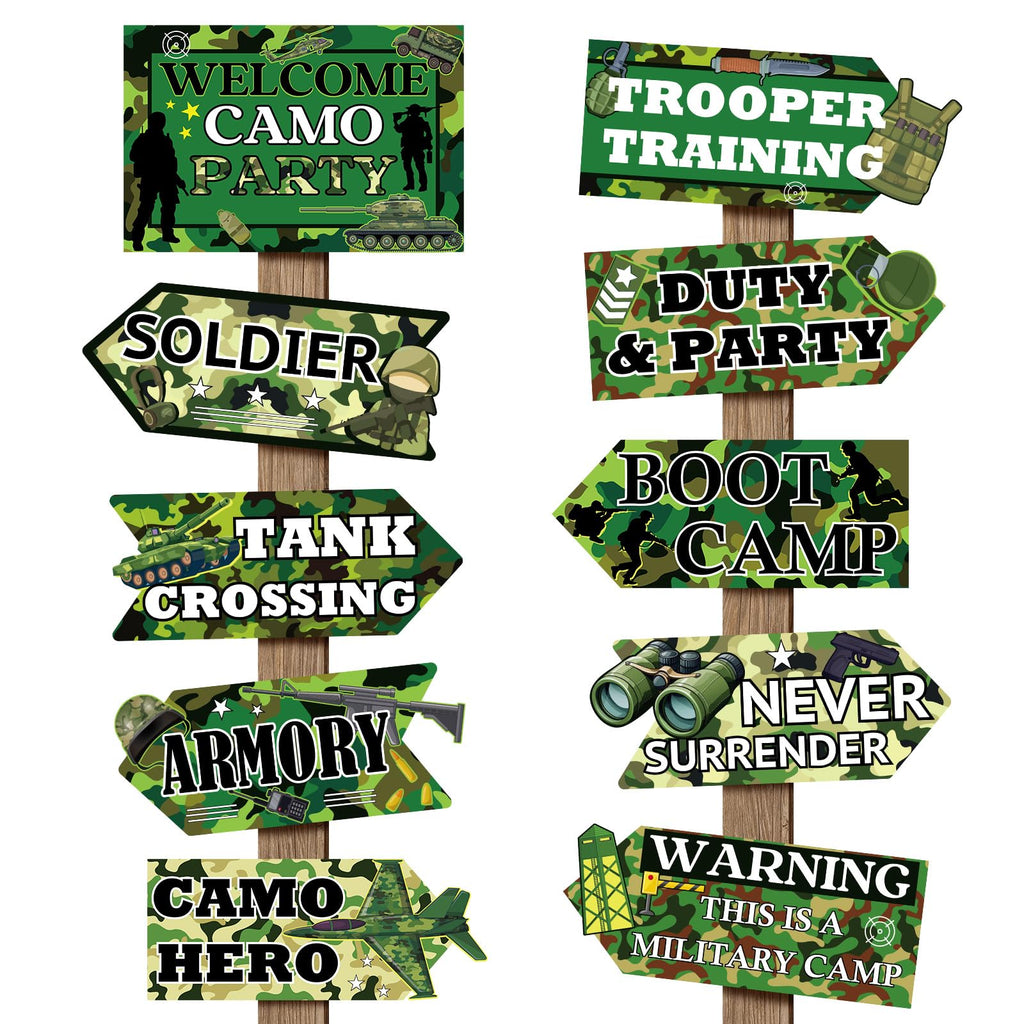 Hooqict 20 Pieces Camo Party Signs Army Birthday Party Decorations Camouflage Military Birthday Party Supplies for Boys Men Army Themed Directional Sign
