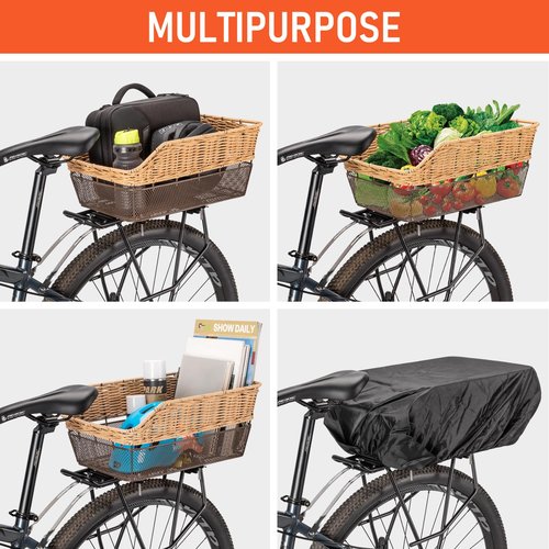 CXWXC Rear Bike Basket - Large Bicycle Rear Basket with Cargo Net and Waterproof Cover, Hand-Woven Baskets Rear Large Capacity (Brown)