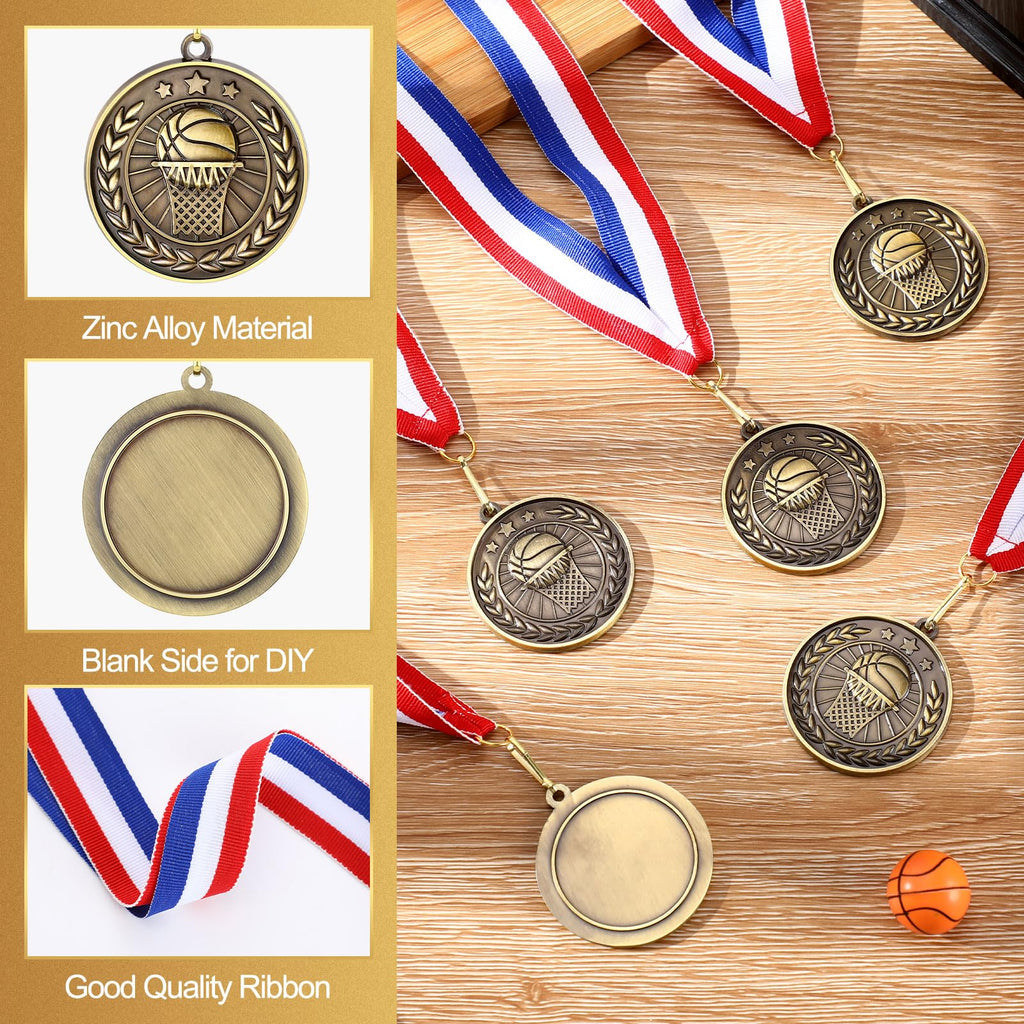 Loetere 60 Pcs Sports Award Medals Bulk 2 Inch Bronze Trophies with Neck Ribbons Football Basketball Baseball Soccer Cheerlead Winner Medal for Team Gift Sport Party Games Prize Supply(Basketball)