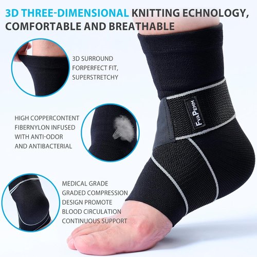 Ankle Brace by Copper Fit | 2-Pack Compression Sleeves for Sprains & Plantar Fasciitis Relief - Black, Large