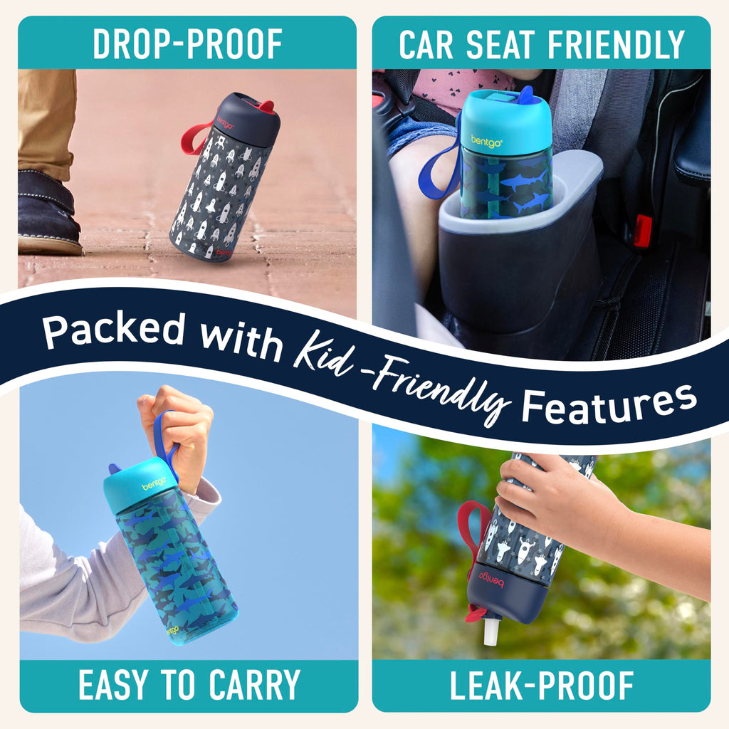 Bentgo Kids Water Bottle 2-Pack - Leak-Proof Durable Tritan BPA-Free 15 oz Cup for Kids/Toddlers Ages 3+; Bite & Sip Spout + Dishwasher Safe for School/Sports/Daycare/Camp (Rocket/Shark)