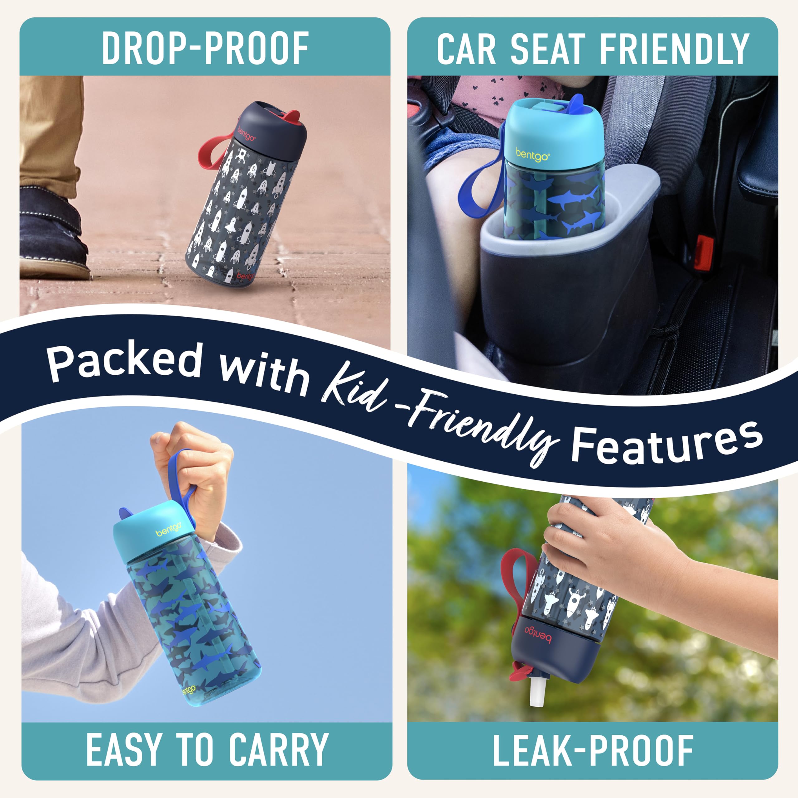 Bentgo Kids Water Bottle 2-Pack - Leak-Proof Durable Tritan BPA-Free 15 oz Cup for Kids/Toddlers Ages 3+; Bite & Sip Spout + Dishwasher Safe for School/Sports/Daycare/Camp (Rocket/Shark)
