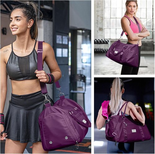 FIORETTO Women's Gym Tote Duffle Bag - Wet Pocket & Shoe Compartment | Dark Purple Sports Weekender