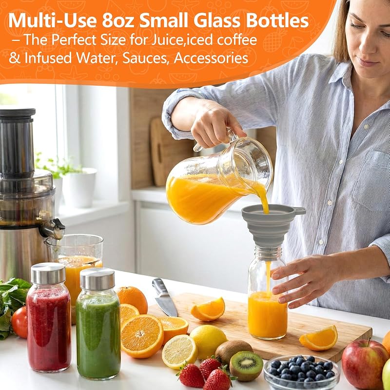 8 oz Glass Bottles with Stainless Steel Lids 4 Pack - Clear BPA-Free Reusable Juice Bottles (Variation: 8oz Clear Glass 4 Pack)