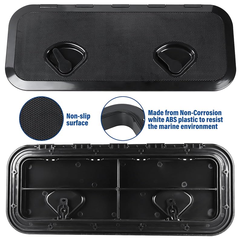 Marine Deck Access Hatch 23.9 x 9.5 in with 2 Recessed Handles – Black, 180° Hinge