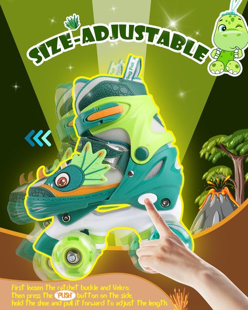 Dino Kids Toddler Roller Skates for Boys Girls,WESKIFAN Dinosaur Quad Skating Shoes with Shiny Light up Wheels&Adjustable Sizes Beginners rollerskates for Birthday Xmas Gifts (Green, S(10~13J))