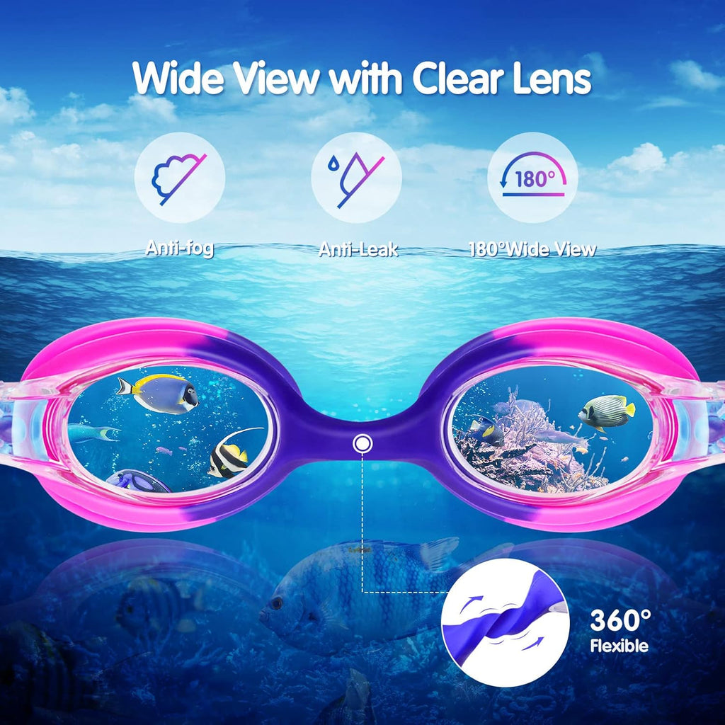 Starweh Kids Swim Goggles - Anti-Fog, No Leak Design for Ages 6-14 | Soft Silicone, Wide View - Blue, Purple & Pink (2 Pack)