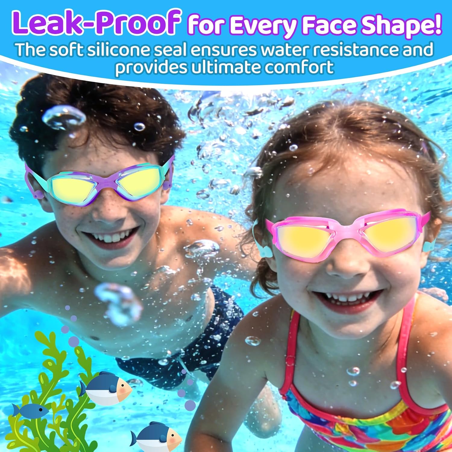 Vvinca Swim Goggles - Anti-Fog & UV Protection | No Leaking Design for Kids Ages 3-15 (2 Pack)