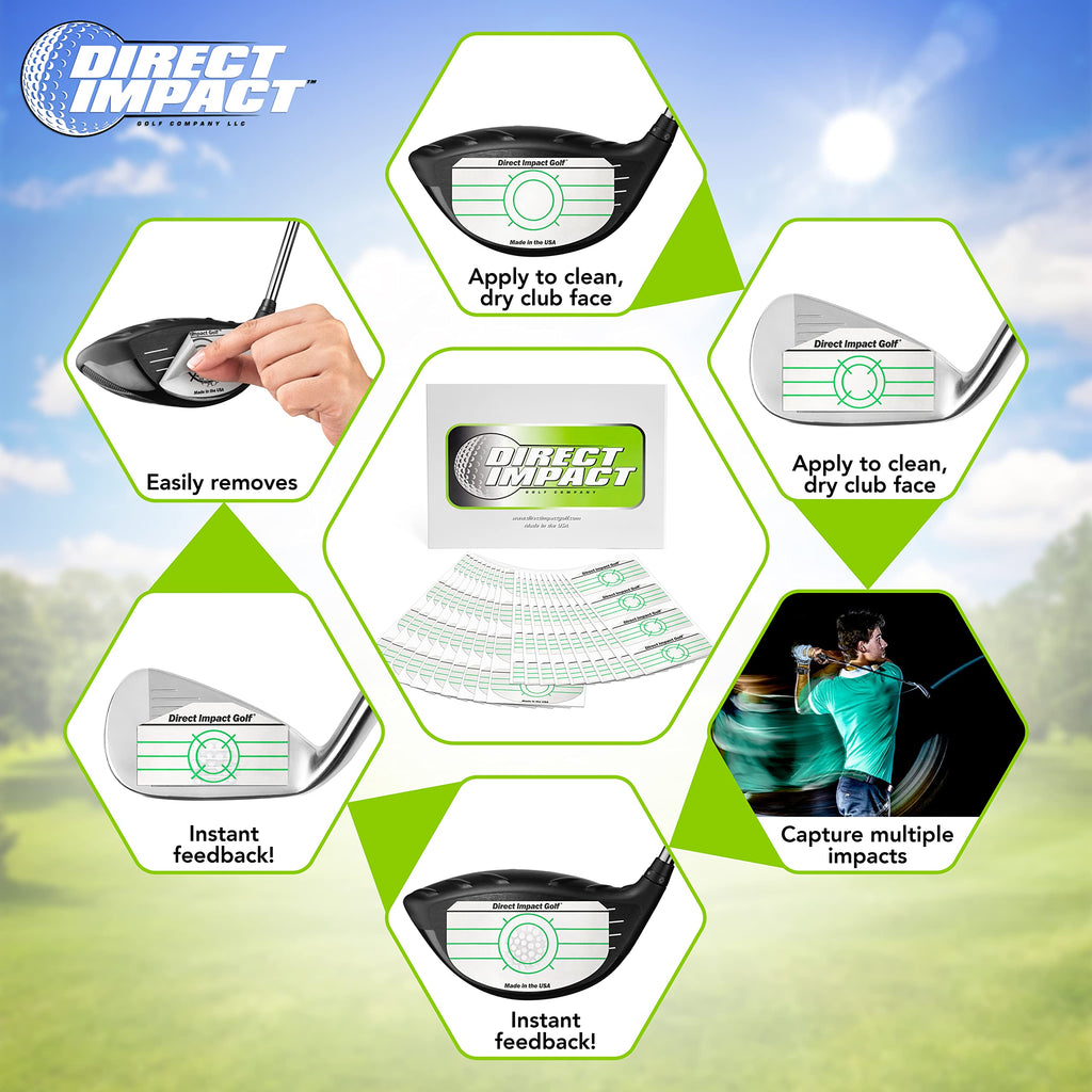 Ultra-Thin Golf Impact Tape by Direct Impact Golf: Combo Pack (100 Driver+100 Iron) Ultra-Thin Golf Impact Tape Labels for Accurate Swing Analysis and Shot Feedback