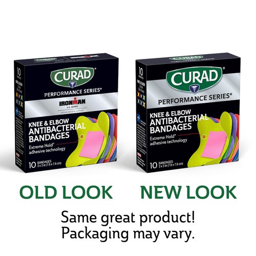 CURAD Performance Series Antibacterial Bandages, Extreme Hold Adhesive Technology, Knee & Elbow 3 inches x 3 inches, 10 Count, Ideal for Cuts, Scrapes, Sports, and Active Lifestyles, Pack of 3