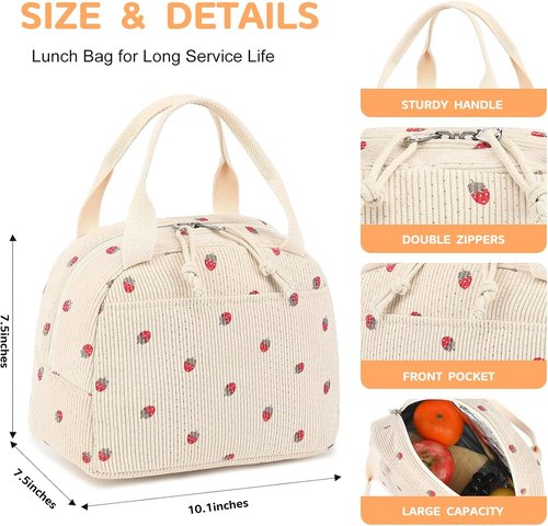 Bluboon Insulated Lunch Bag - Cute Corduroy Tote for Work, Picnic, or Travel | Large Capacity Reusable Cooler