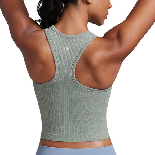 CRZ YOGA Seamless Ribbed High Neck Crop Tank Top - Longline Racerback Padded Sports Bra for Women
