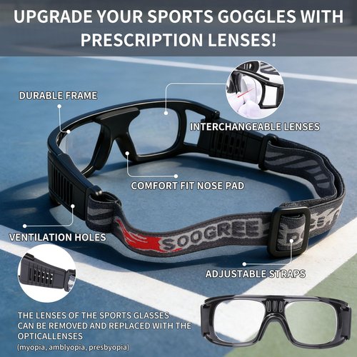 Professional Sports Goggles Glasses Men Women Racquetball Basketball Football Sport Eyewear Protective Glasses Anti-fog Shock Collision Lens Replaceable (Black Frame Black Pad) 8068