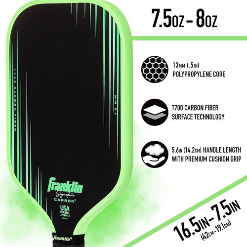 Franklin Sports Pro Pickleball Paddles - Signature Carbon Series -T700 Carbon Fiber Surface - USA Pickleball (USAP) Tournament Approved - 13mm Polypropylene Core - Green