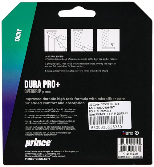 Prince Overgrip Dura Pro Plus Set of 3 Grips, Overgrip Dura Pro Plus 3er, Black, Standard
