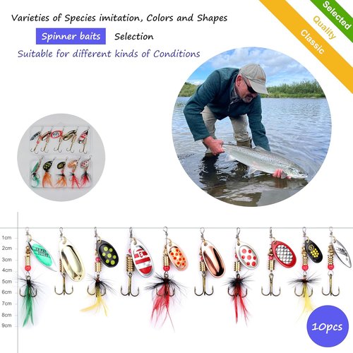 EXAURAFELIS 10/30pcs Fishing Lure Spinnerbait with Feathered Treble Hooks Rooster Tail Fishing Lures Spoon Lures for Bass Salmon Trout Spinner Baits with Tackle Box