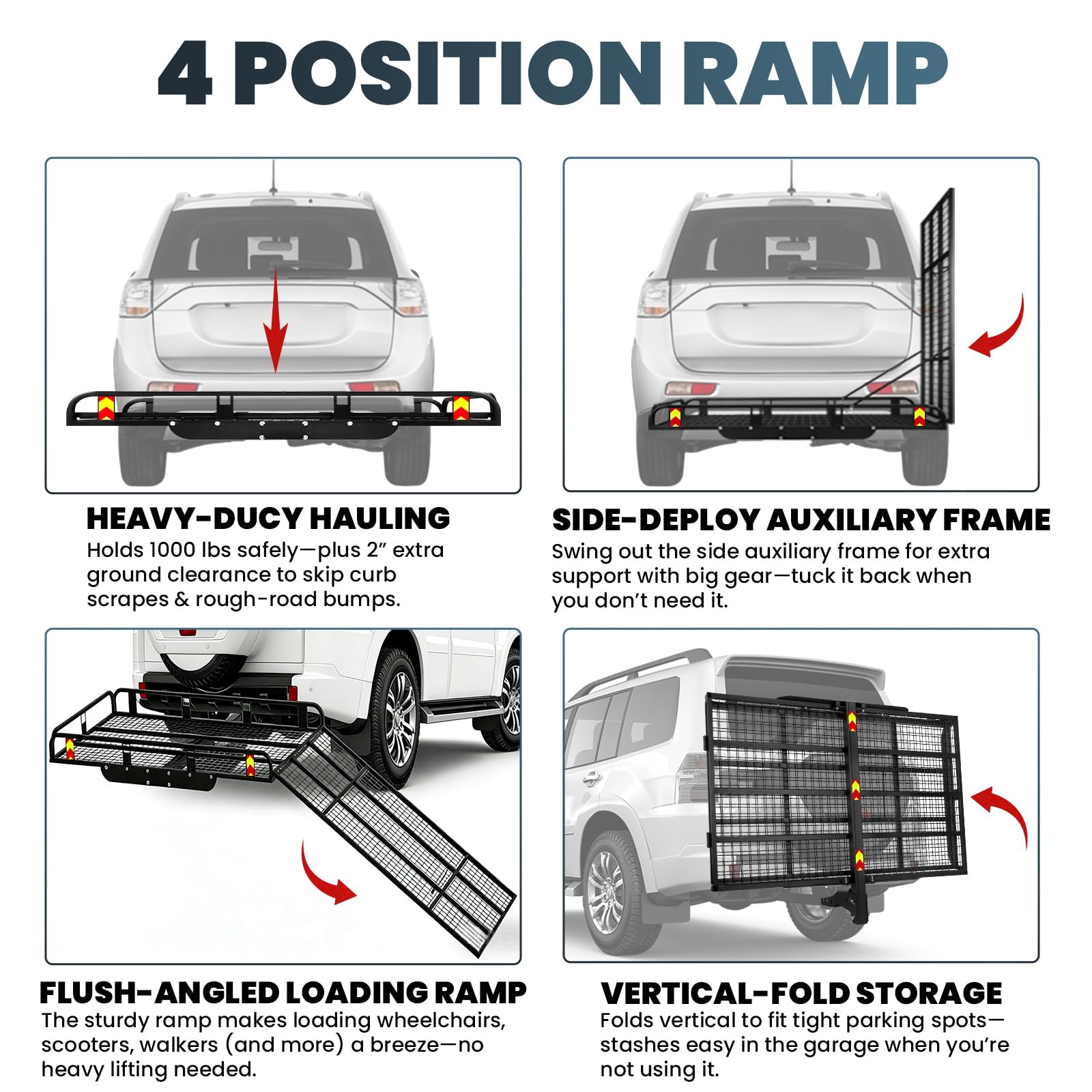 55"x34" Trailer Hitch Cargo Carrier, 1000LBS Hitch Cargo Carrier with Ramp, Folding Aluminum Alloy Mobility Scooter Carrier, Wheelchair Carrier for Car with 2" Receiver & Reflective Strips for Truck
