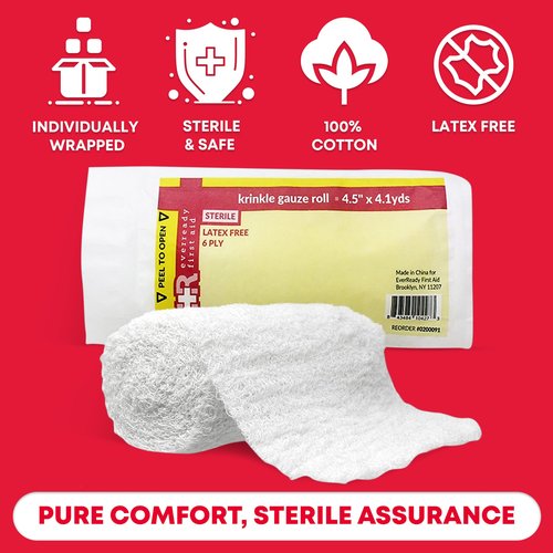 Ever Ready First Aid Sterile Krinkle Kerlix Type 4 1/2" x 4.1 Yds, Latex Free, 6 PLY, Gauze Bandage Roll - 24 Count