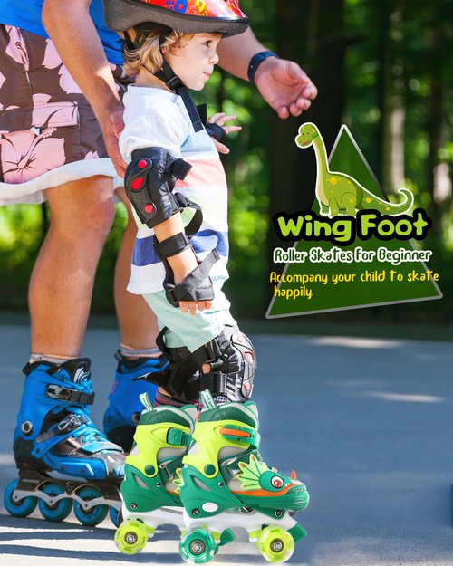 Dino Kids Toddler Roller Skates for Boys Girls,WESKIFAN Dinosaur Quad Skating Shoes with Shiny Light up Wheels&Adjustable Sizes Beginners rollerskates for Birthday Xmas Gifts (Green, S(10~13J))