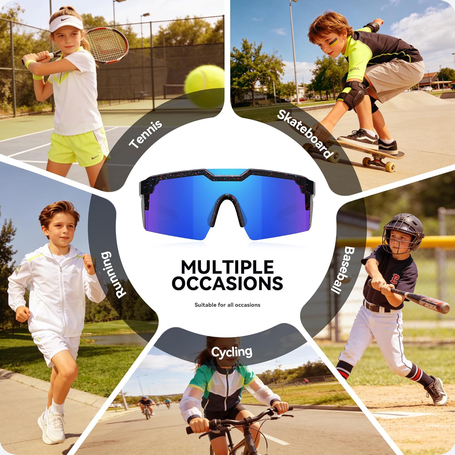 Skiennix Kids Sunglasses - UV Protection Baseball Glasses for Boys & Girls Ages 6-12 | Cycling Sports Gear