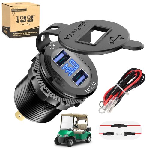 10L0L Golf Cart Quick Charge 3.0 Dual USB Outlet Fast Charger Socket for Yamaha Club Car EZGO Car Boat Marine RV ATV Truck, Metal Shell Safe Charging Socket with LED Digital Voltage Meter (12-48V)