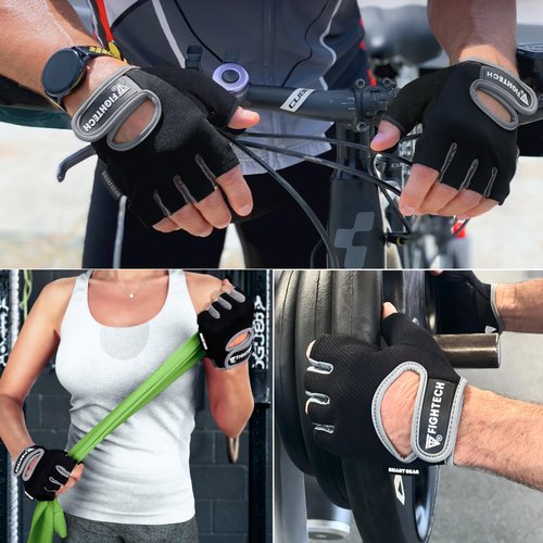 FIGHTECH Workout Gloves for Men and Women | Fingerless Weight Lifting Gym Gloves (Large, Black/Gray)
