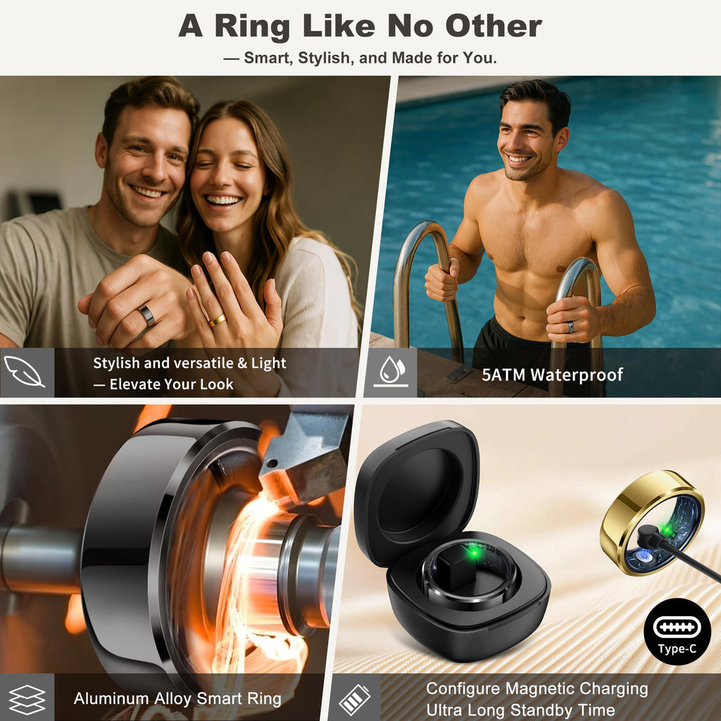 RIFESI Smart Ring for Women Men, Fashion Minimalist Fitness Ring & Sleep Tracker Ring with Heart Rate, Blood Pressure,5ATM Waterproof Health Ring,Gifts for Women Men Gift,No Subscription (11,Black)