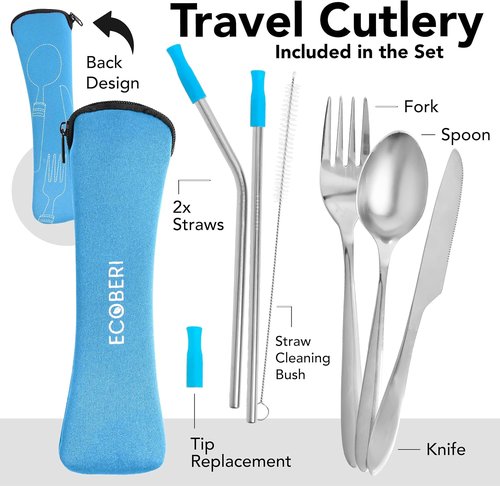 Ecoberi Travel Utensils Set - Reusable Stainless Steel Cutlery with Case | 4 Pack for Camping & Work
