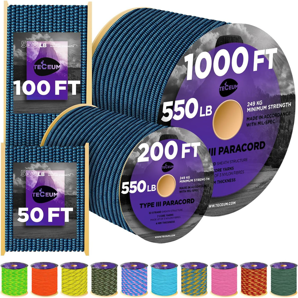 TECEUM Reflective Paracord Rope - Glow in The Dark Utility Rope for Survival | Available in 1000ft, 200ft, 100ft, 50ft