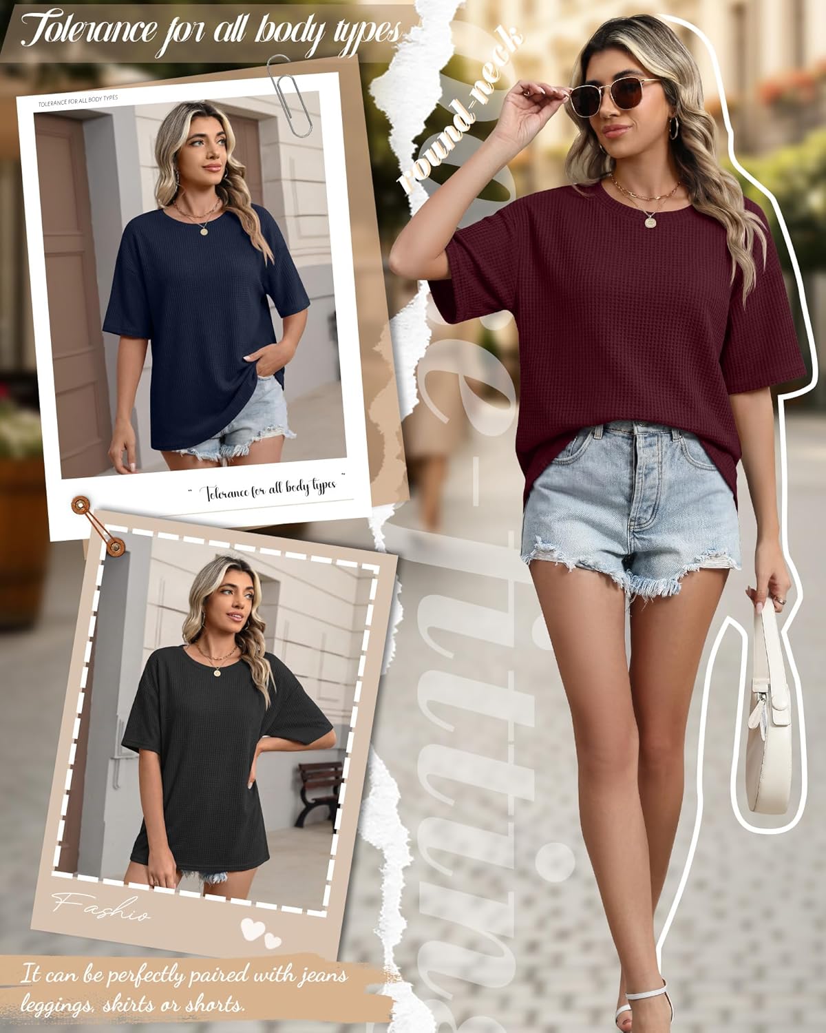 Oakgarden Women's Oversized Waffle T-Shirts - 3 Pack Half Sleeve Crewneck Casual Gym Tops