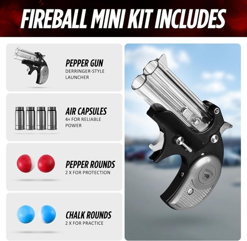 Fireball Mini, Smallest .50 Caliber Launcher, Dual-Ammo Air-Powered Home and Self-Defense Device, 50-Foot Range, Compact Non-Lethal Protection Set with Compressed-Air Capsules and Training Rounds