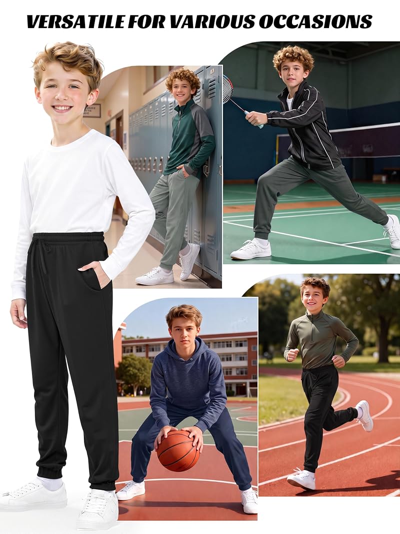 Resinta 4-Pack Boys Mesh Athletic Joggers with Pockets – Lightweight Kids Sweatpants (Black, Dark Grey, Navy, Light Grey)