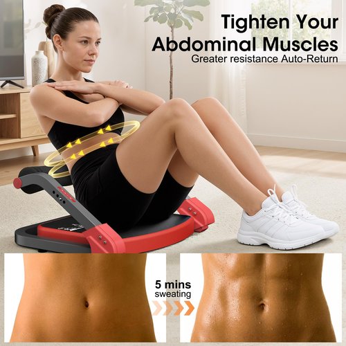 PAPIBLU Ab Machine Ab Trainer - Sit Up Exercise Equipment& Core Machine, 4 Level Adjustable Resistance, Foldable Ab Crunch Machine for Home Gym Stomach Workouts - Red