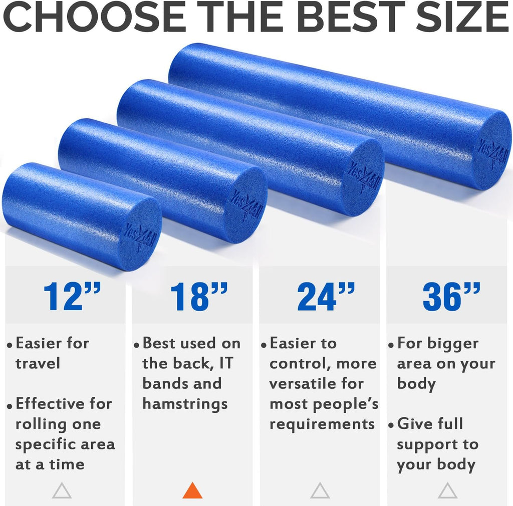 Yes4All Medium Firm Round PE Foam Roller - Ideal for Pilates, Yoga, Stretching | Available in 12, 18, 24, 36 Inches