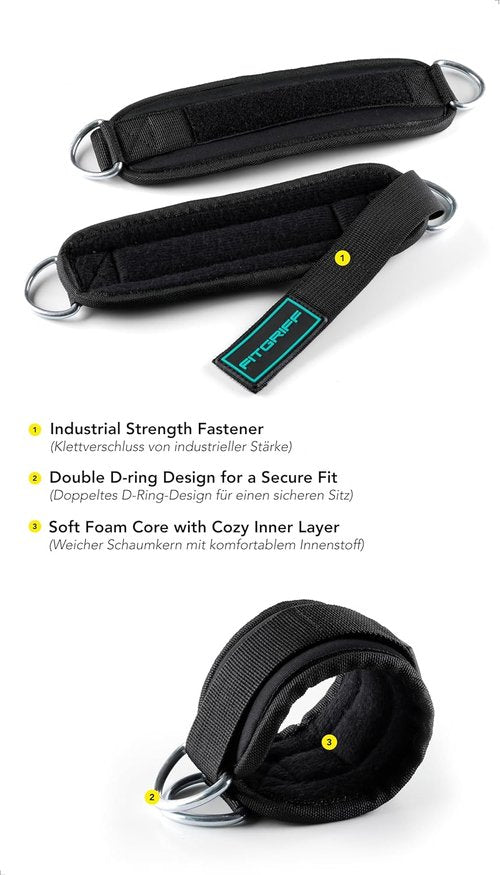 Fitgriff® Ankle Straps V3 - Cable Machine Leg Pulley Attachment for Effective Kickbacks (2 Pieces)
